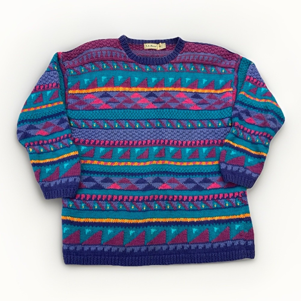 Vintage LL Bean Sweater Womens M Multicolor Cotton 90s Knit Crewneck